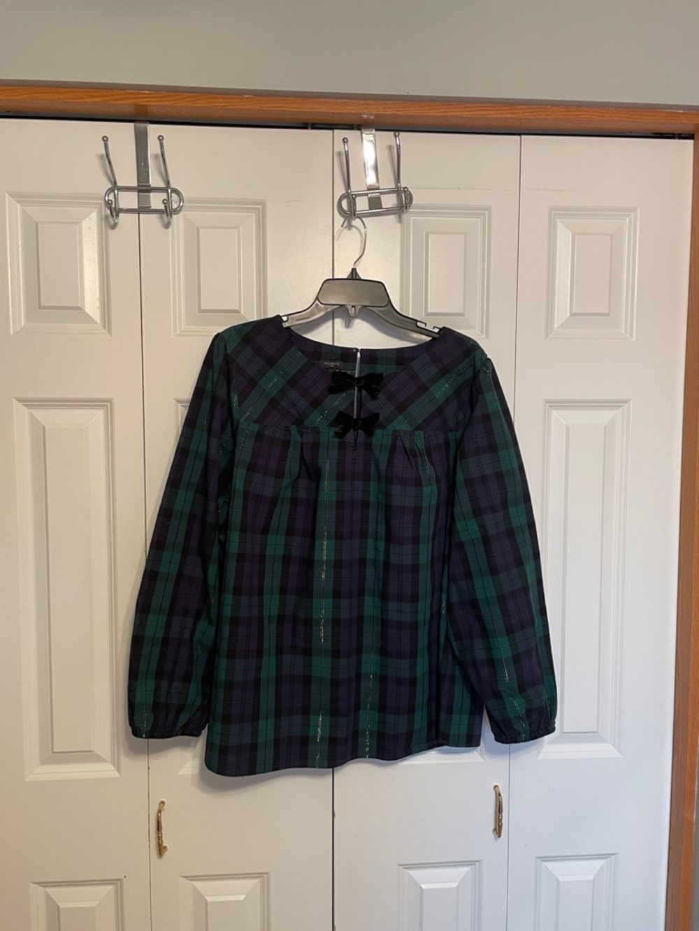 Talbots Navy and Green Plaid Long-Sleeve Peasant Blouse